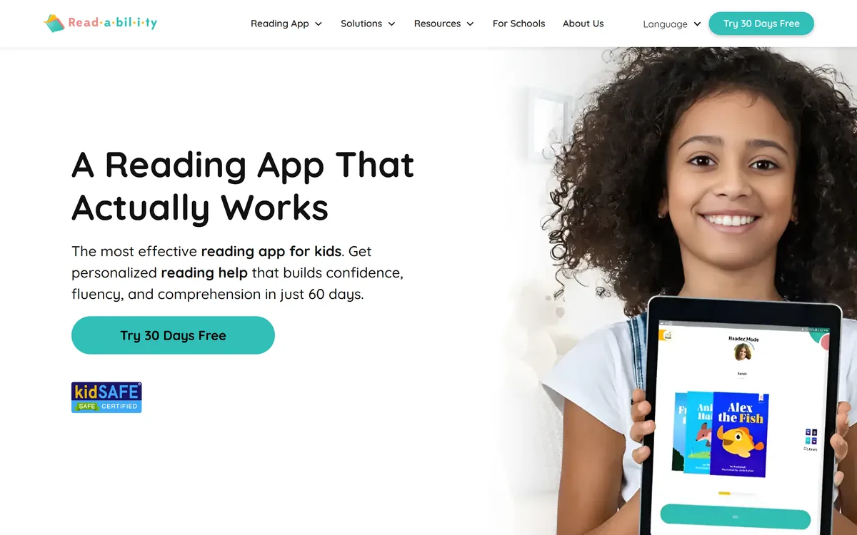 Readability homepage showing its AI reading tutor for children