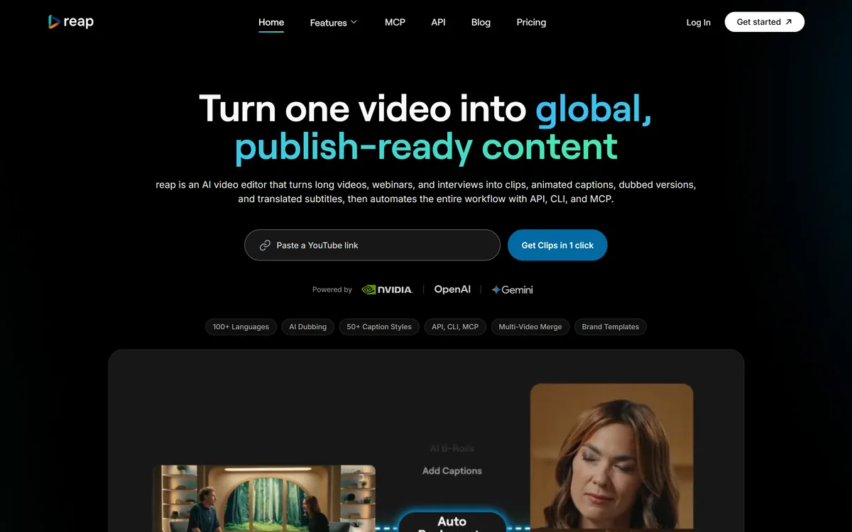 The Reap homepage describing an AI video editor that clips, captions and dubs in many languages