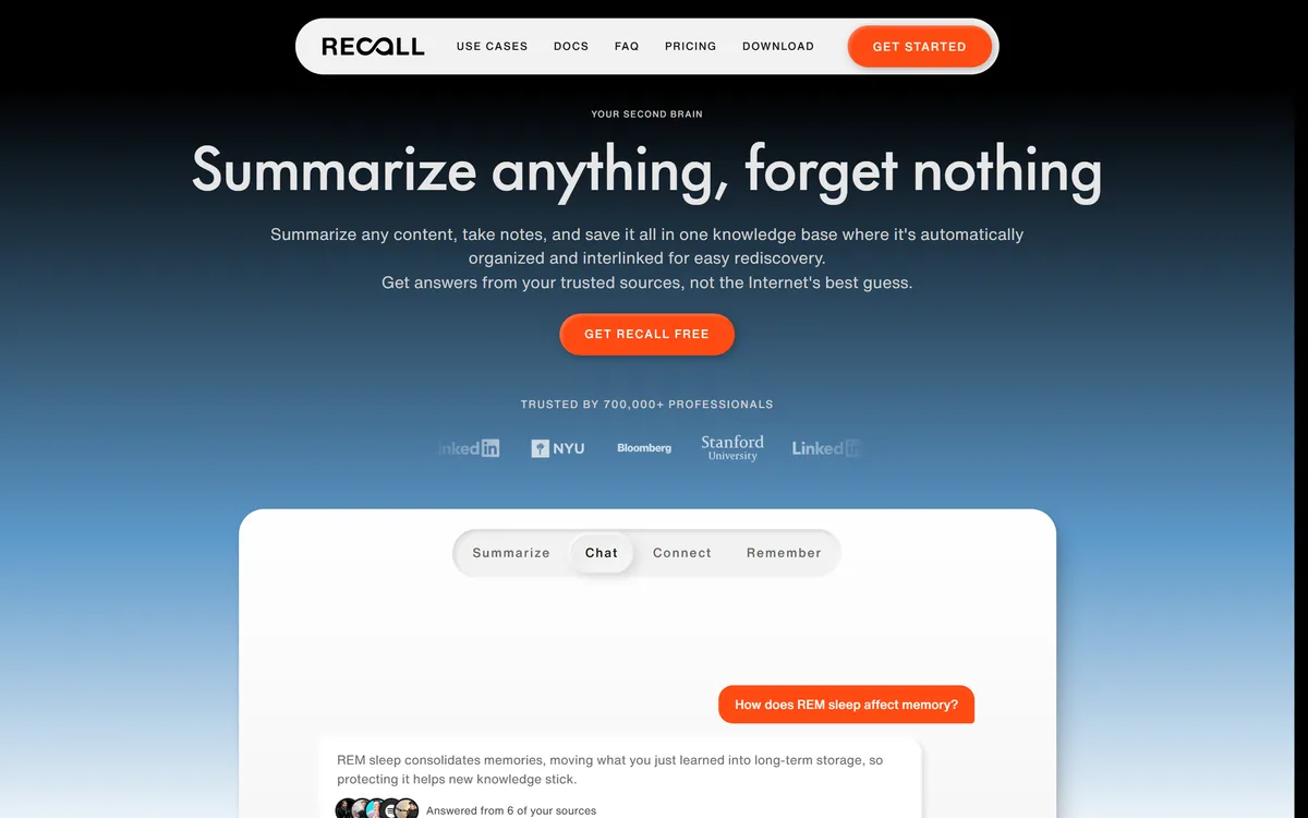 Recall homepage showing the AI knowledge base with summaries and spaced repetition