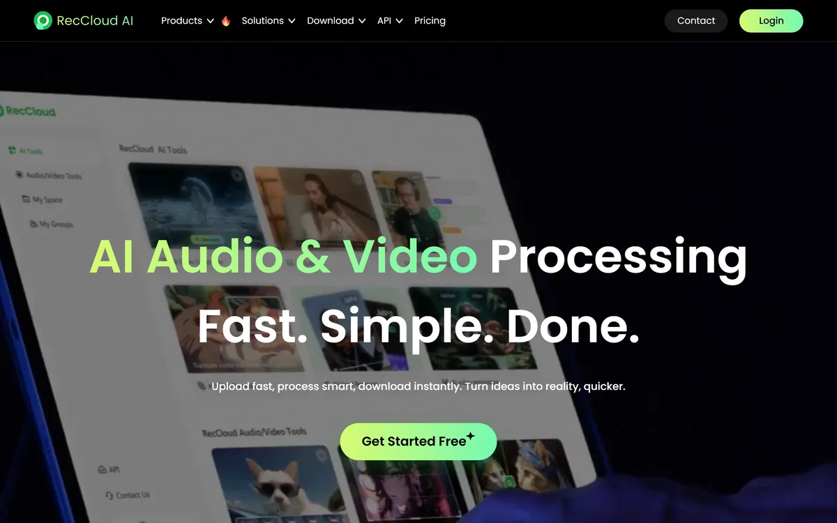 RecCloud homepage showing its AI audio and video processing tools