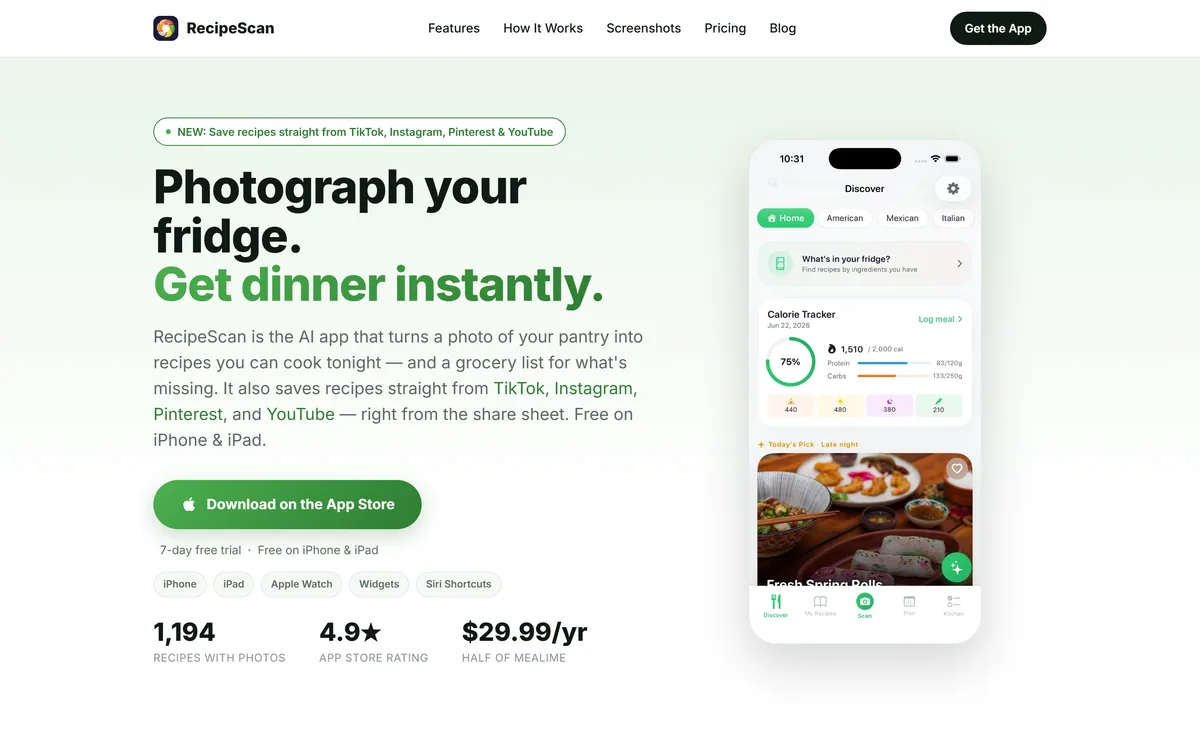 RecipeScan's homepage describing an AI photo cookbook that scans a pantry and generates recipes and grocery lists