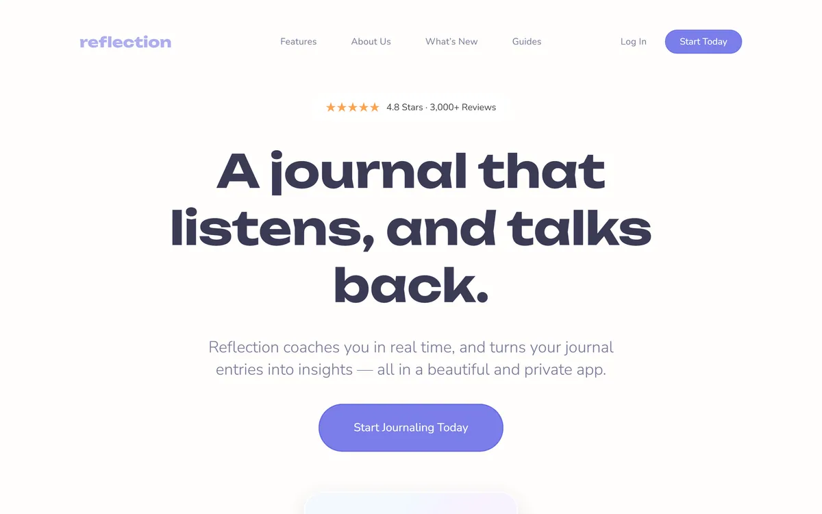 Reflection homepage showing the AI journalling app