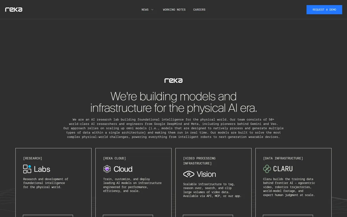 Reka homepage presenting natively multimodal AI models for video, image, audio and text