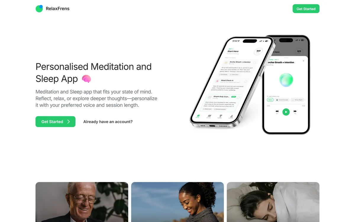 RelaxFrens homepage showing the meditation and sleep app