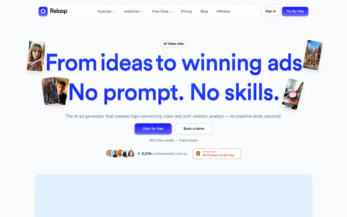 Reloop homepage showing its AI video ad generator