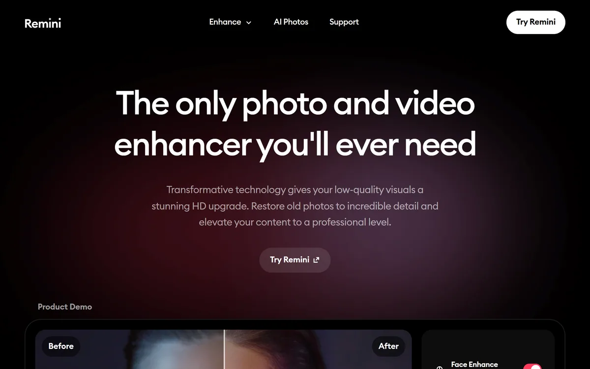 Remini homepage showing AI photo enhancement, restoration and upscaling tools