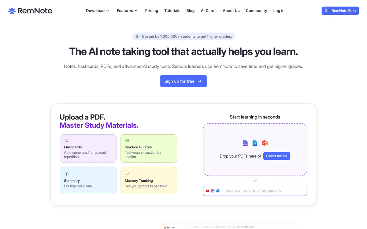 RemNote homepage showing AI flashcards, quizzes and summaries