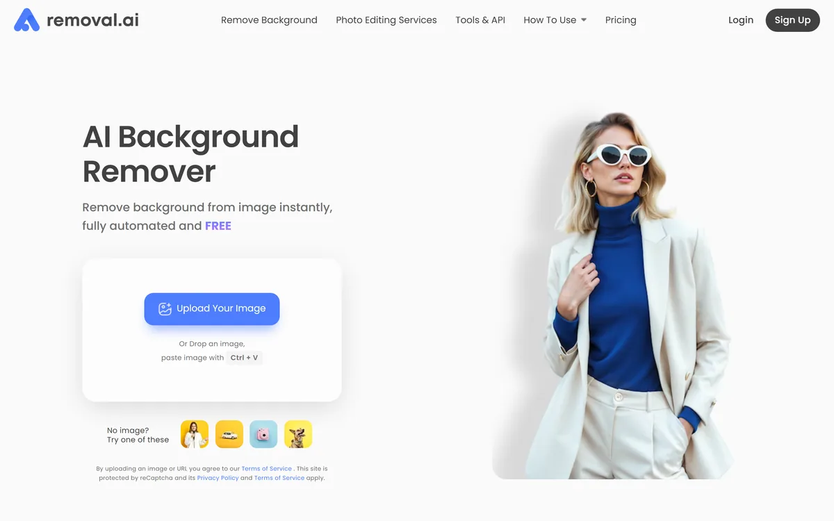 Removal.ai's homepage showing an automatic background removal tool with a before and after cutout