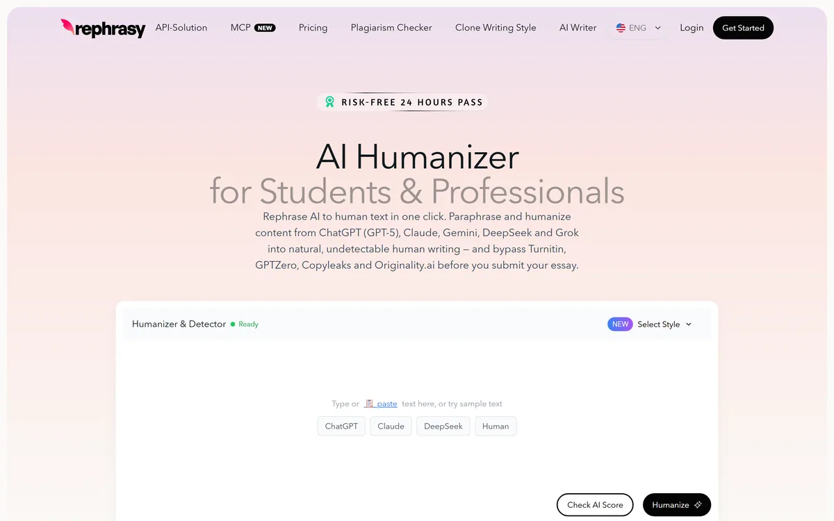 Rephrasy homepage showing the AI humanizer