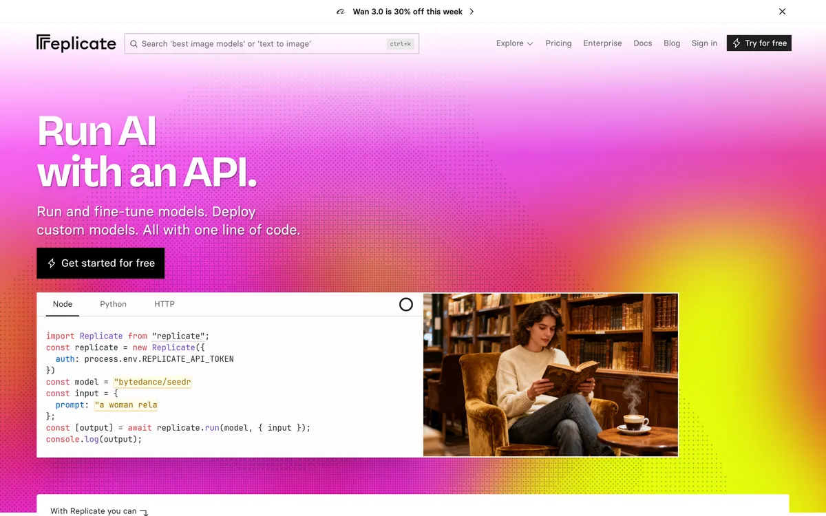 The Replicate homepage describing running AI with an API