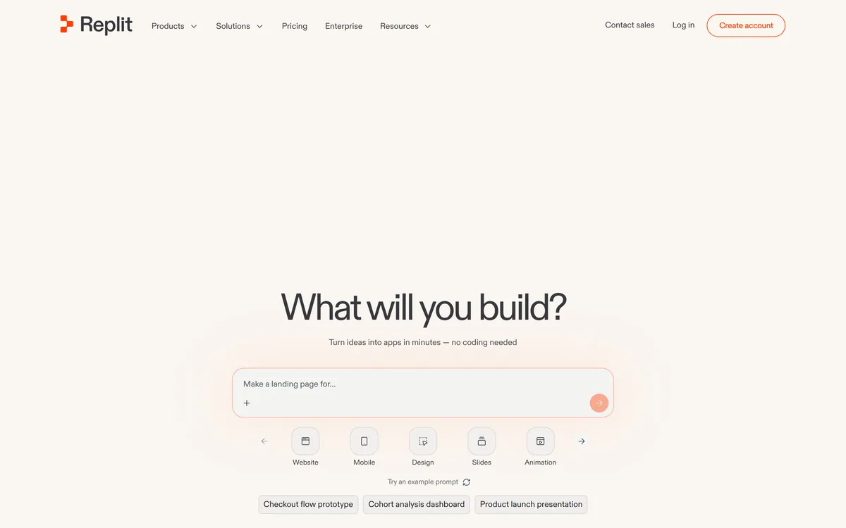 Replit's homepage asking "What will you build?" above a prompt box, with buttons for Website, Mobile, Design, Slides and Animation