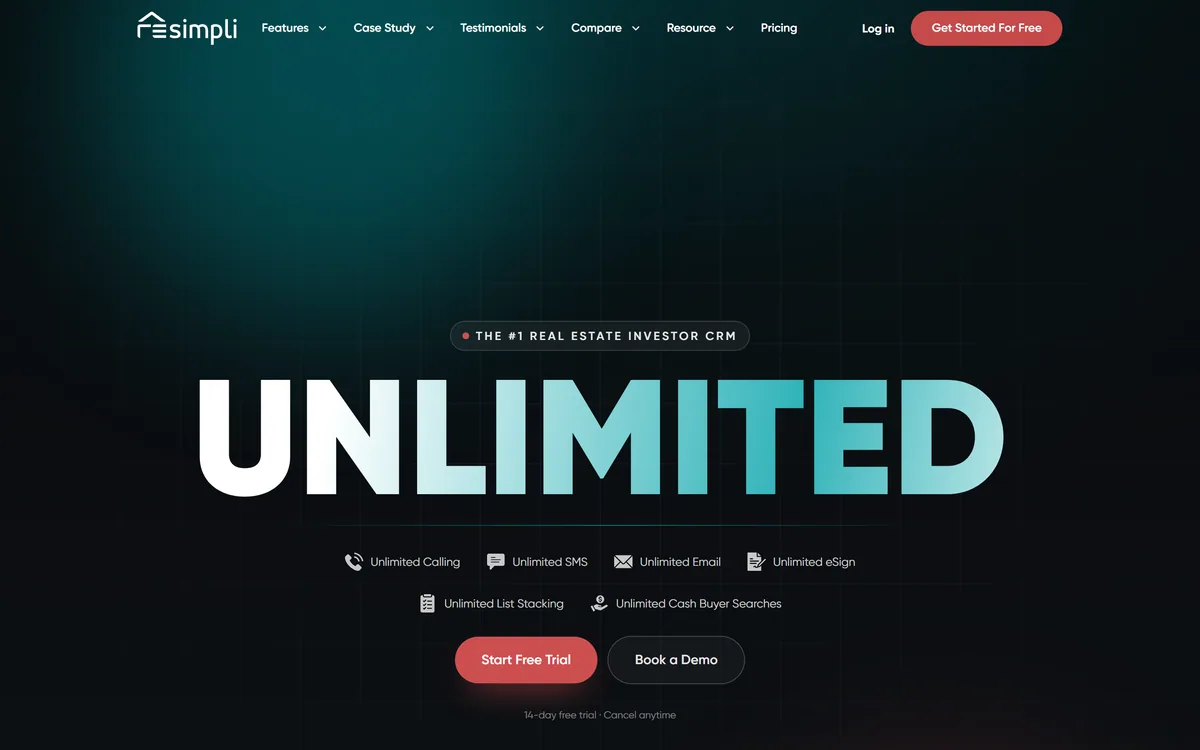 The REsimpli homepage describing an AI-powered CRM for real estate investors