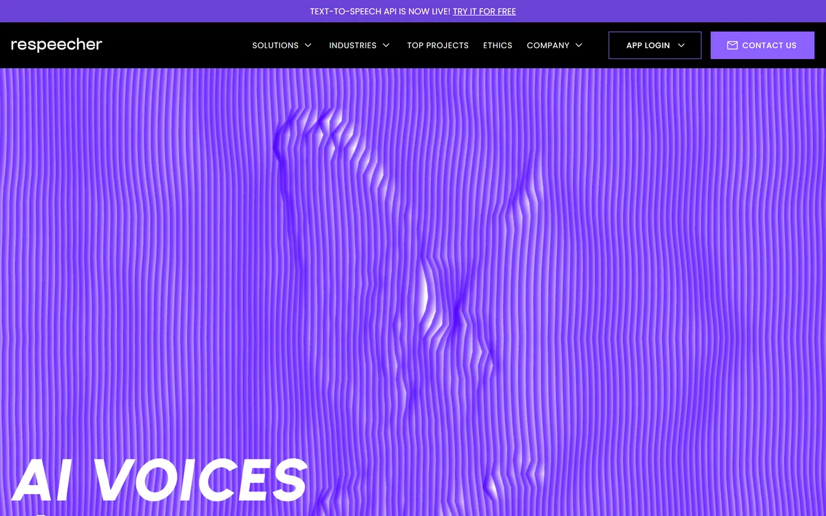 Respeecher's homepage describing AI voice cloning and synthetic speech for entertainment production