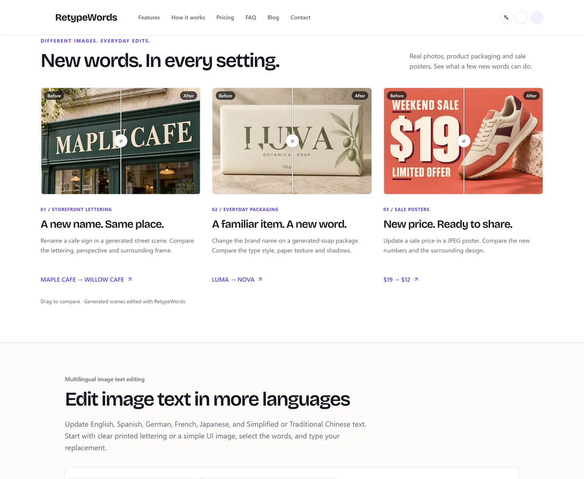 Three before-and-after comparison sliders on the RetypeWords site: a renamed cafe storefront sign, a rebranded soap package, and a sale poster with an updated price