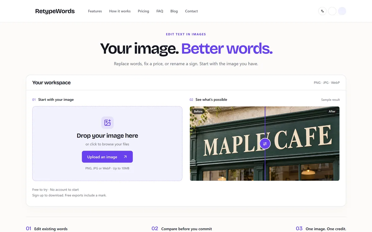 RetypeWords homepage showing an upload panel and a before-and-after slider of a cafe storefront sign being renamed