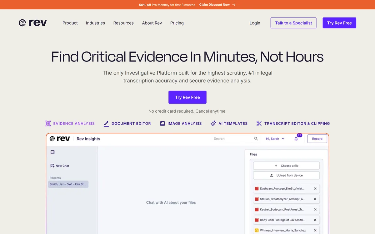 Rev's homepage describing an investigative intelligence platform with AI analysis and human transcription