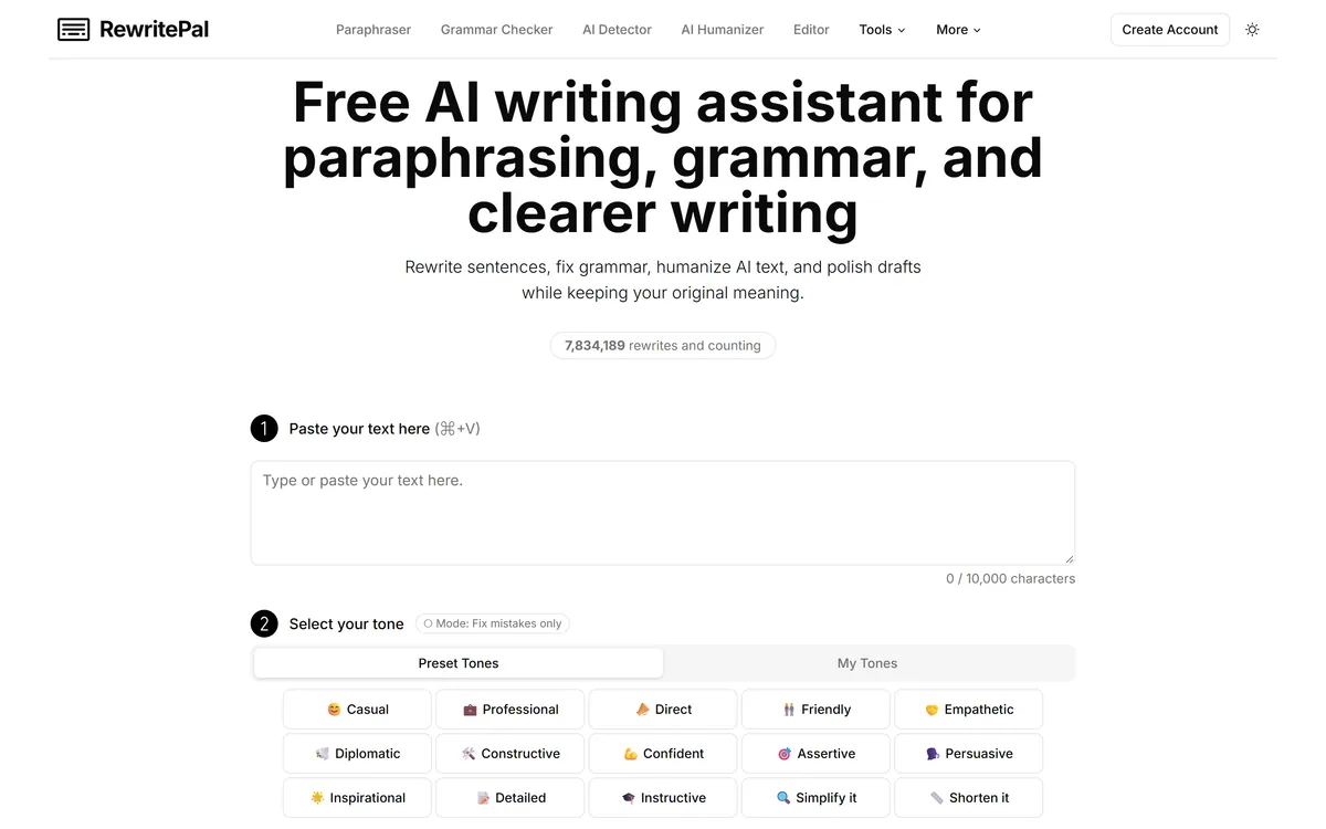 RewritePal's homepage showing its free online writing and paraphrasing editor