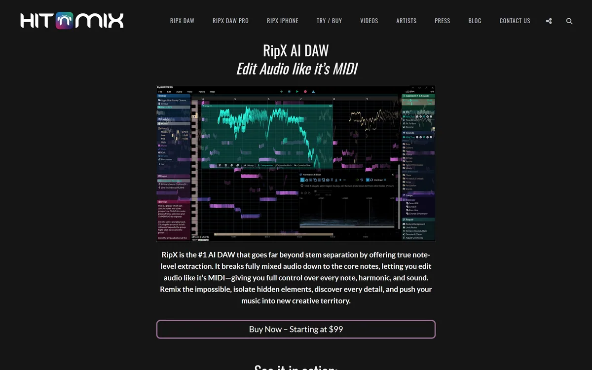 RipX DAW product page showing the note-level audio editing environment