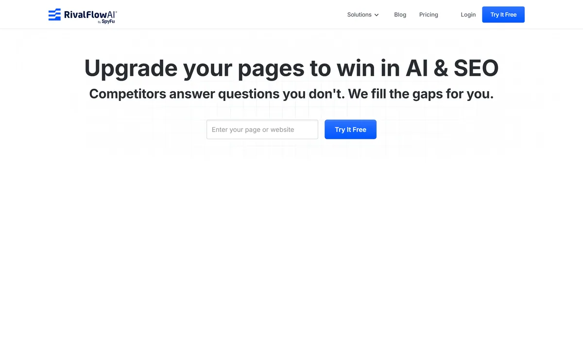 RivalFlow's homepage offering to upgrade existing pages by filling content gaps competitors cover