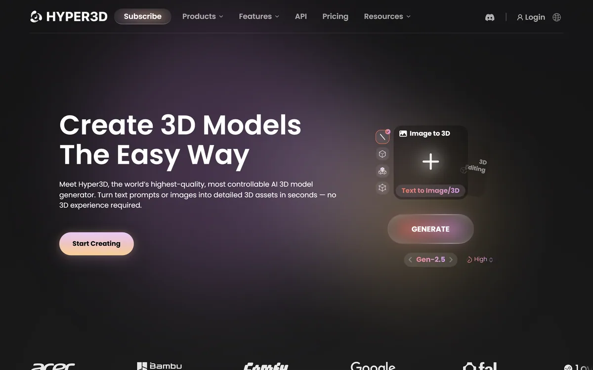 The Hyper3D Rodin homepage describing an AI 3D model generator