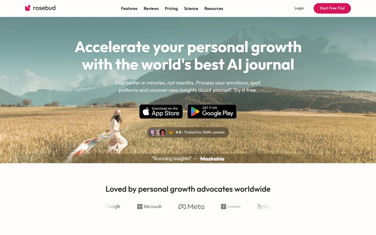 Rosebud homepage showing its AI journaling app