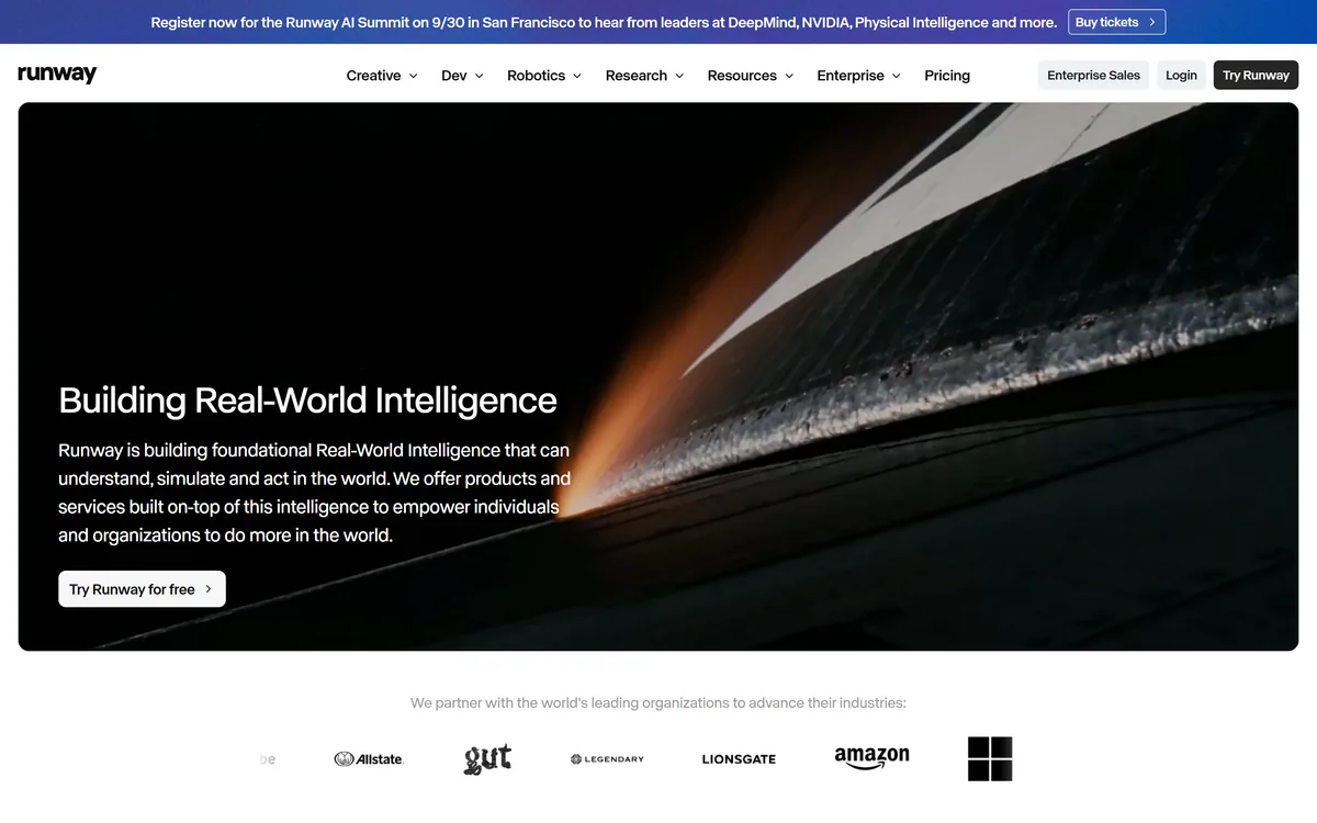 Runway's homepage presenting its work on real-world intelligence and creative AI tools