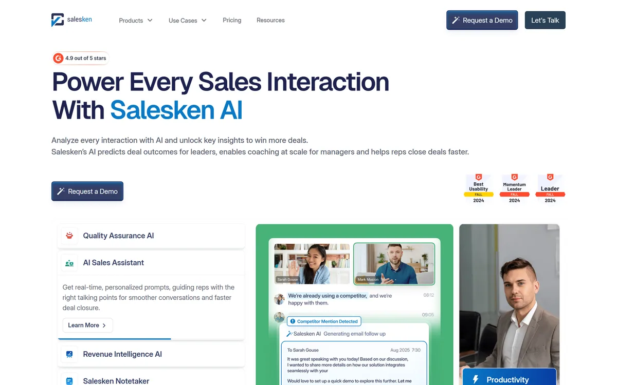 Salesken homepage showing its AI sales conversation platform