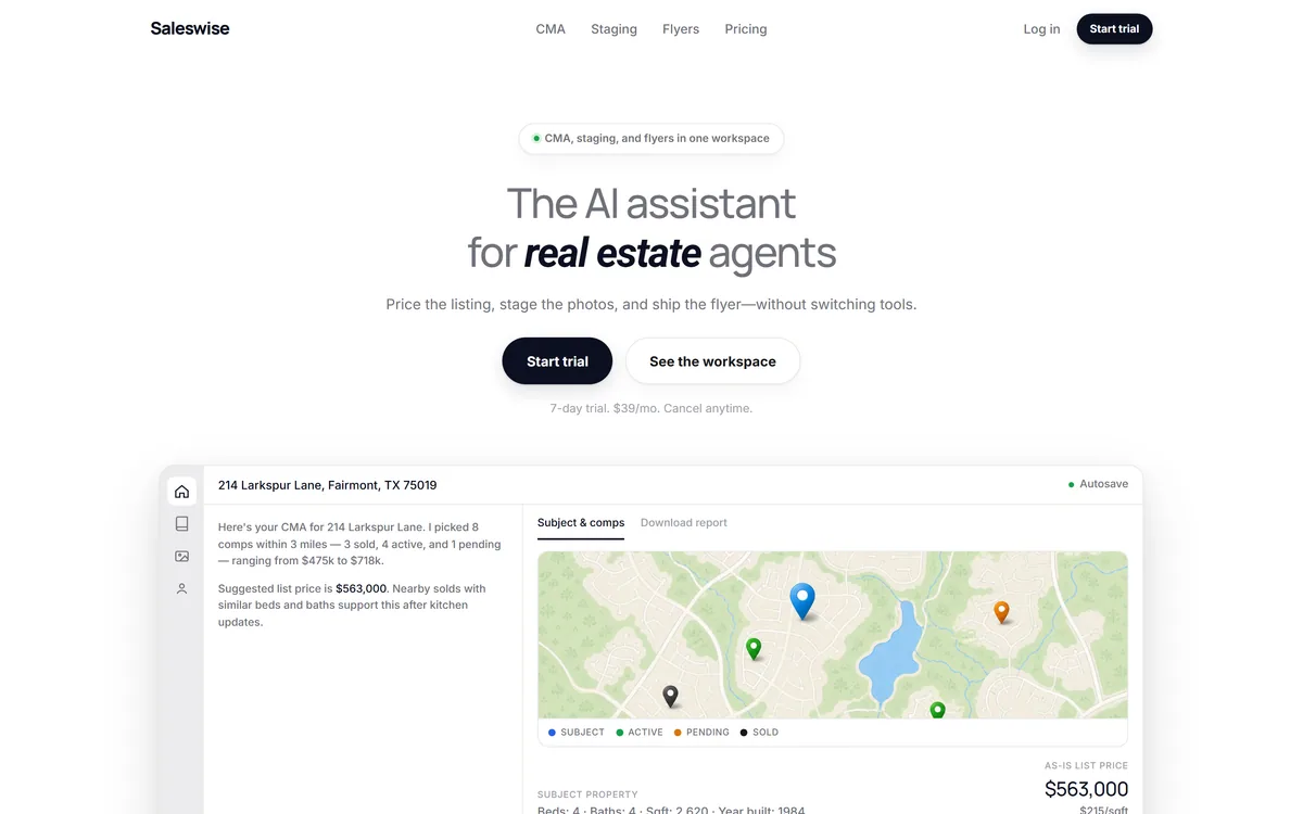 Saleswise's homepage describing AI tools for real estate agents including CMA, staging and flyers