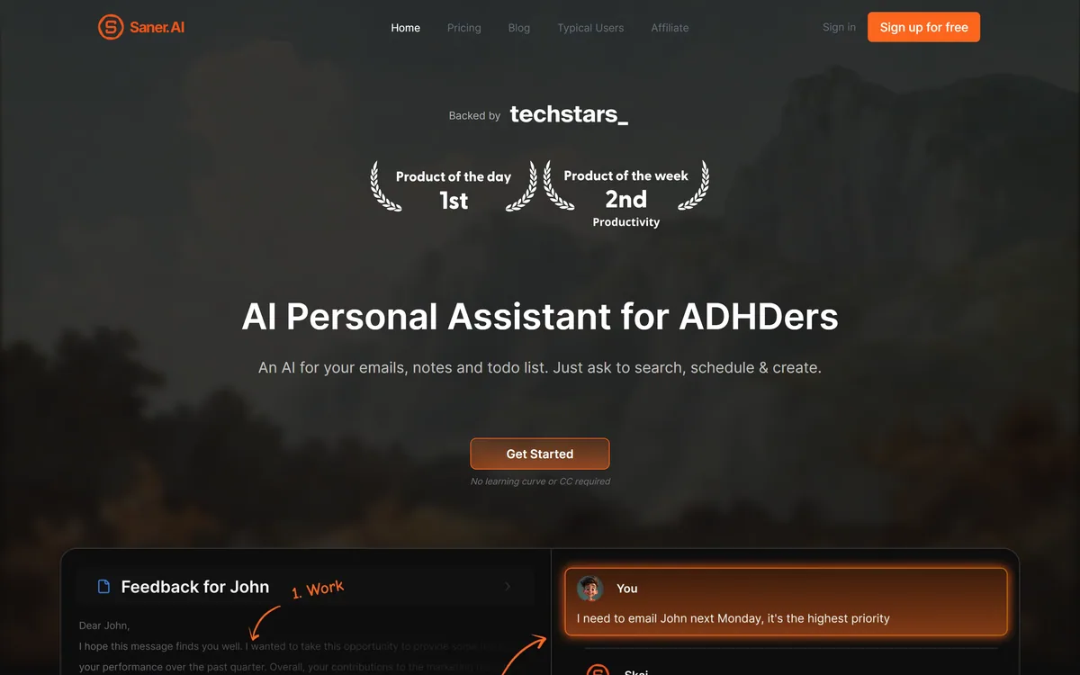 Saner.AI's homepage describing an AI assistant that unifies notes, tasks and emails
