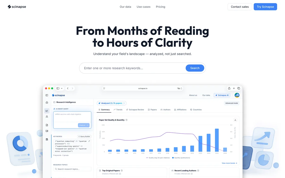 Scinapse homepage showing its research trend and expert analysis