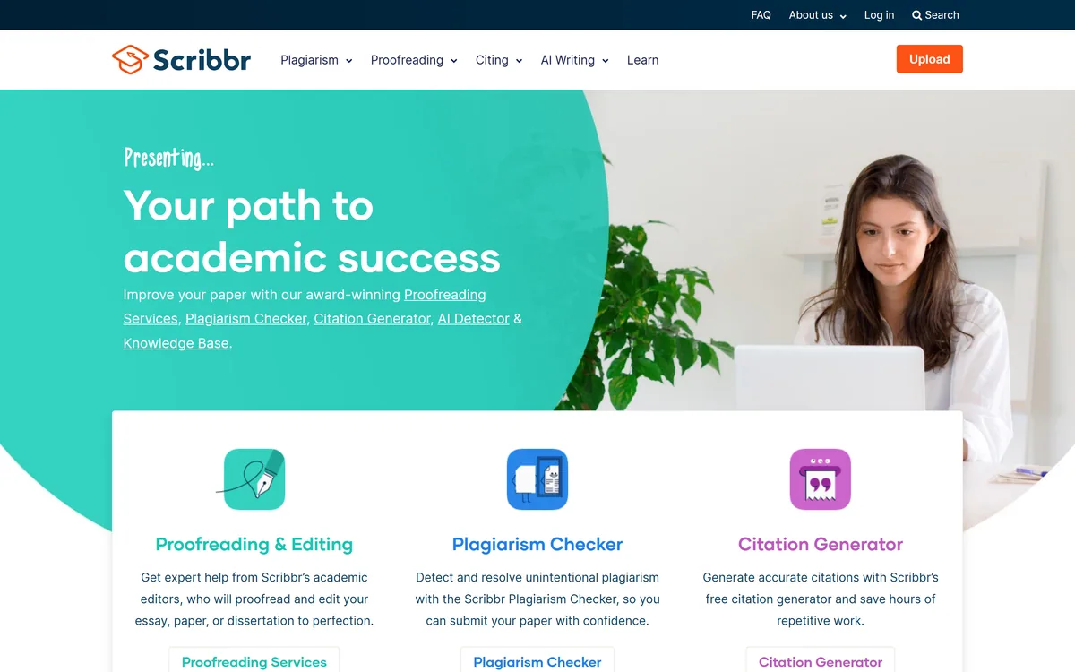 The Scribbr homepage describing its path to academic success