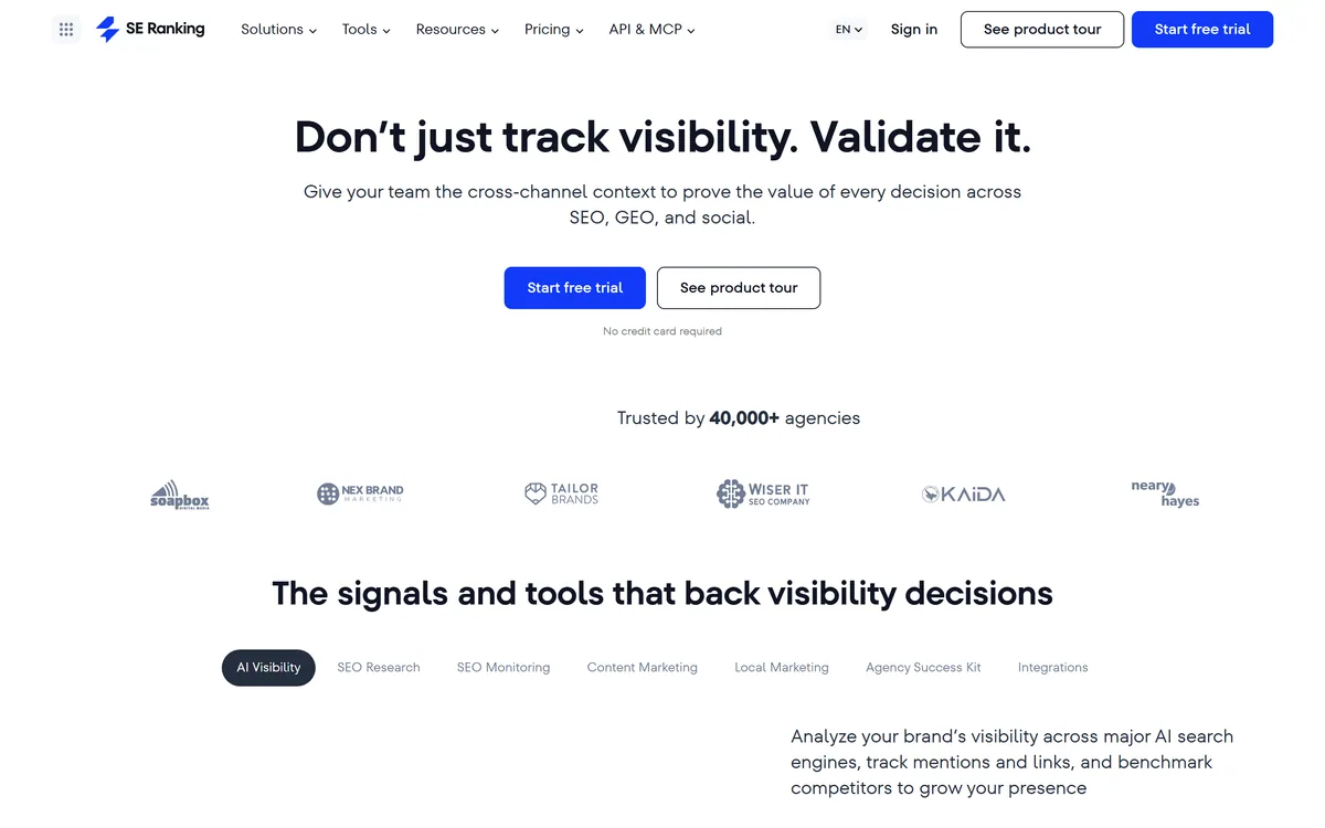 SE Ranking homepage showing its AI SEO platform