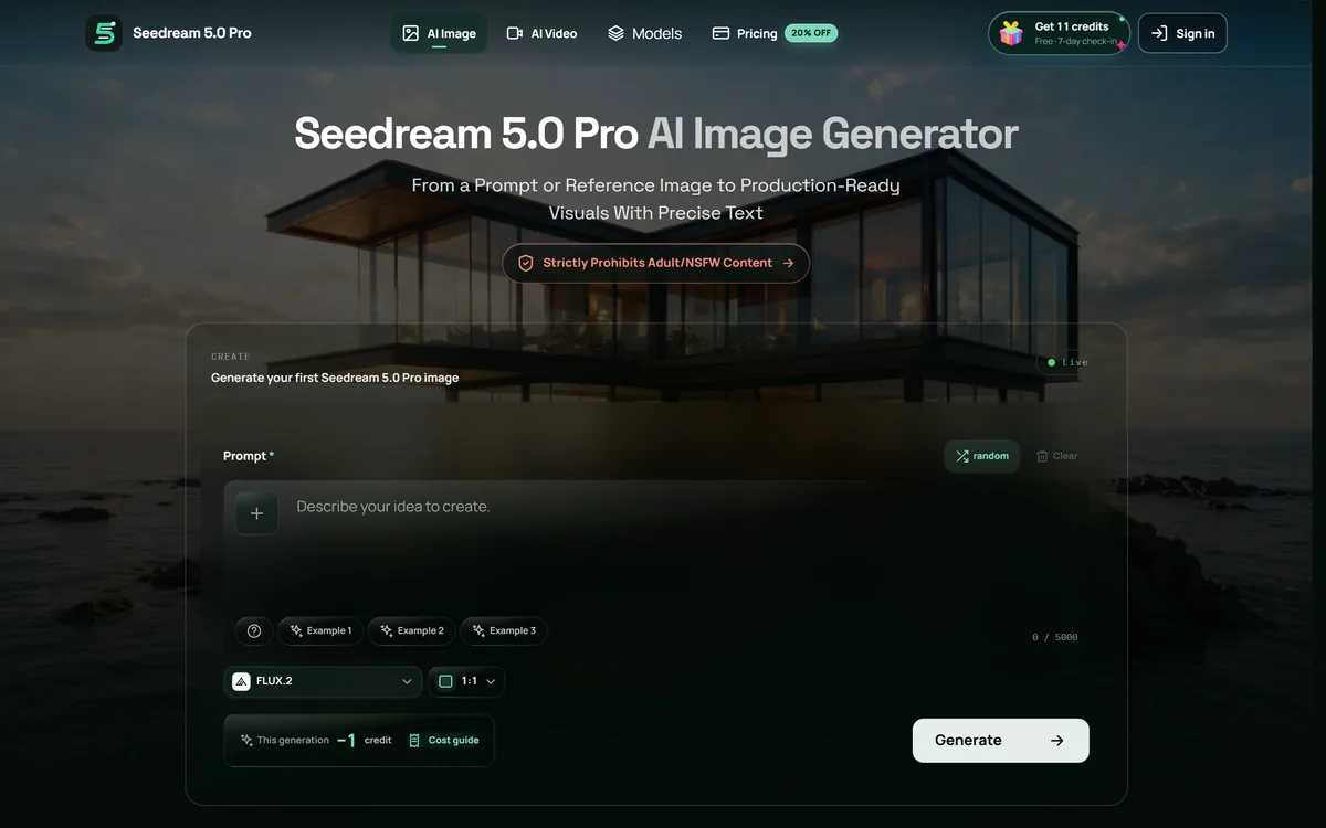The seedream5-pro.im homepage showing an AI image generator with a prompt box and model selector