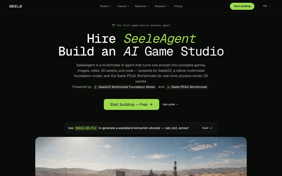 The Seele AI homepage introducing SeeleAgent for building games from a prompt