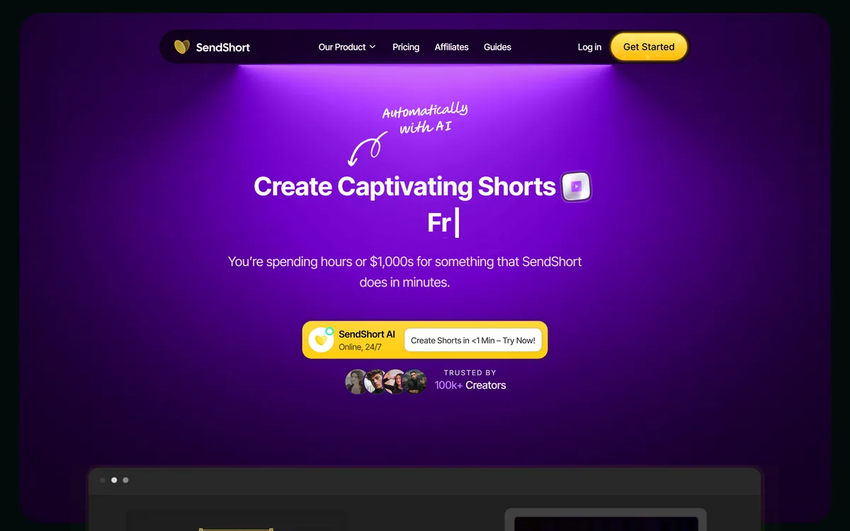 SendShort homepage showing its AI short-form video creator