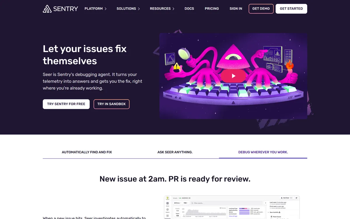 Sentry's Seer product page describing an AI debugging agent that finds root cause and proposes fixes