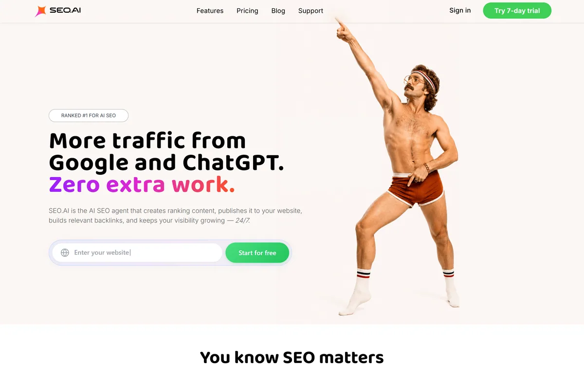 SEO.AI homepage showing the automated SEO agent for content and backlinks