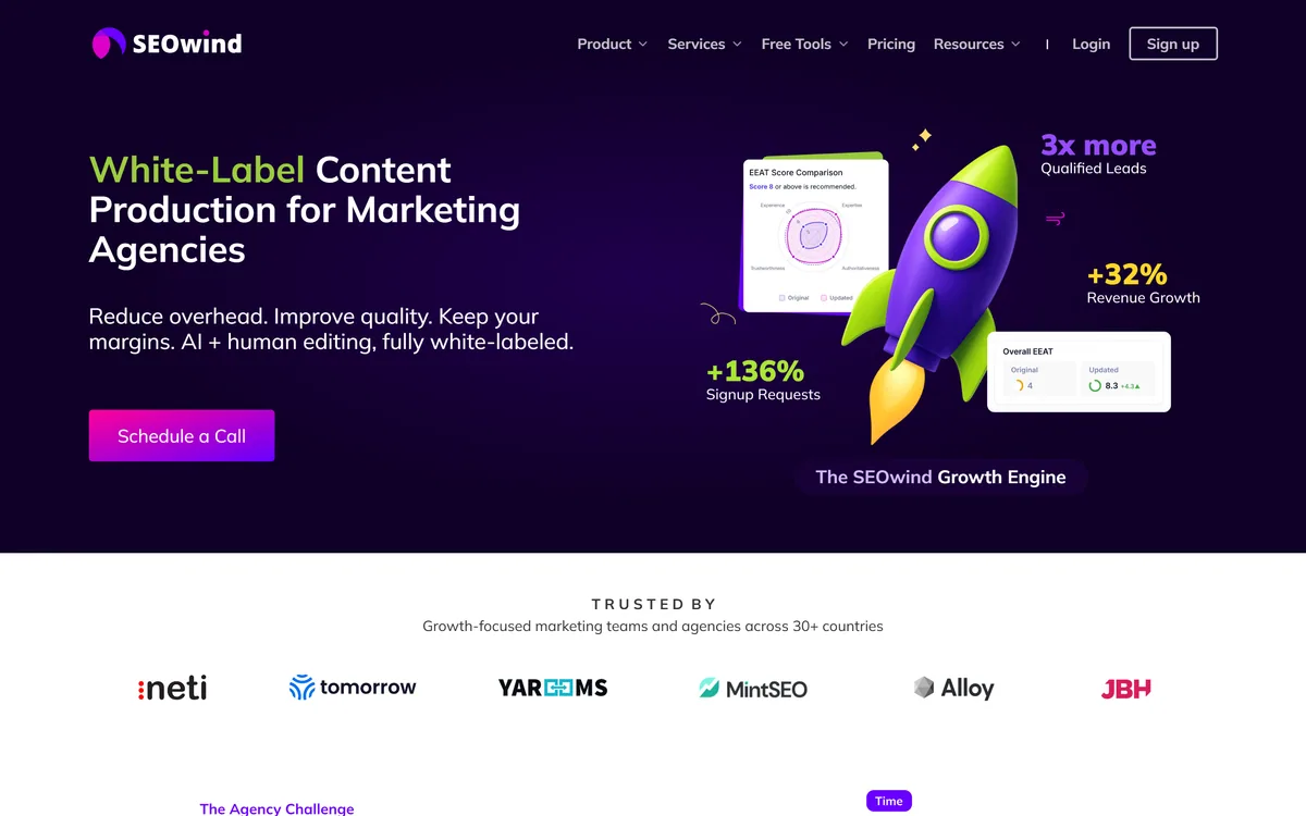 SEOwind's homepage describing AI content production with human editorial oversight