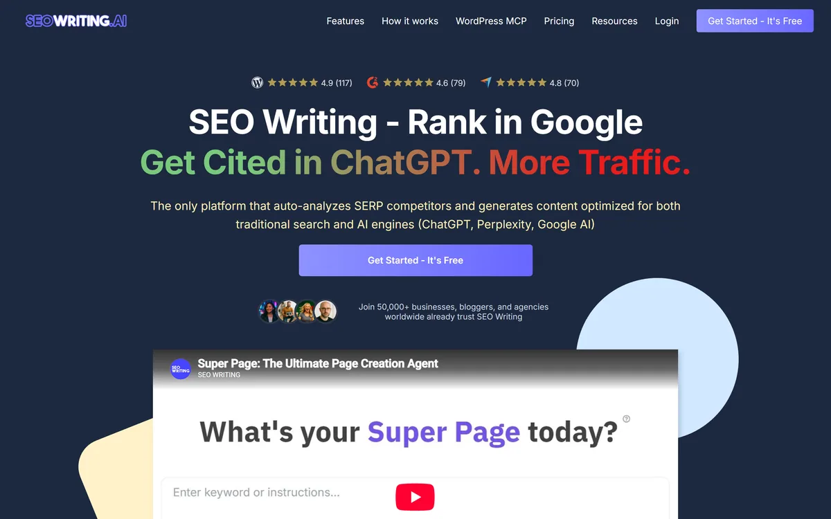 SEOWriting AI's homepage describing automatic SERP competitor analysis and content generation for search and AI engines