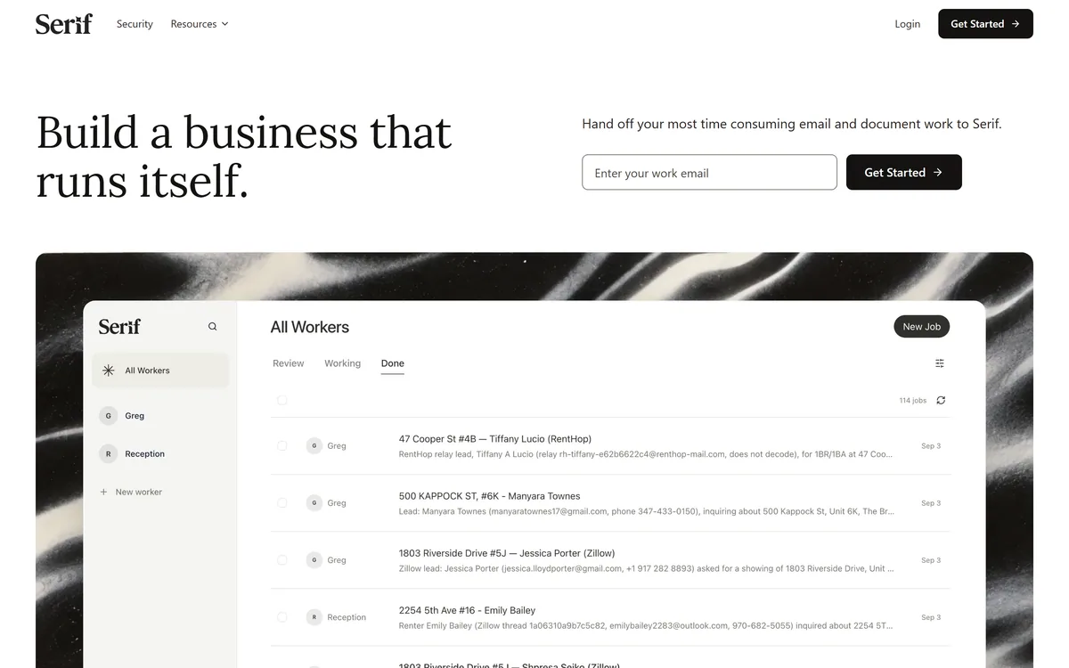 The Serif homepage describing AI agents for email and document work