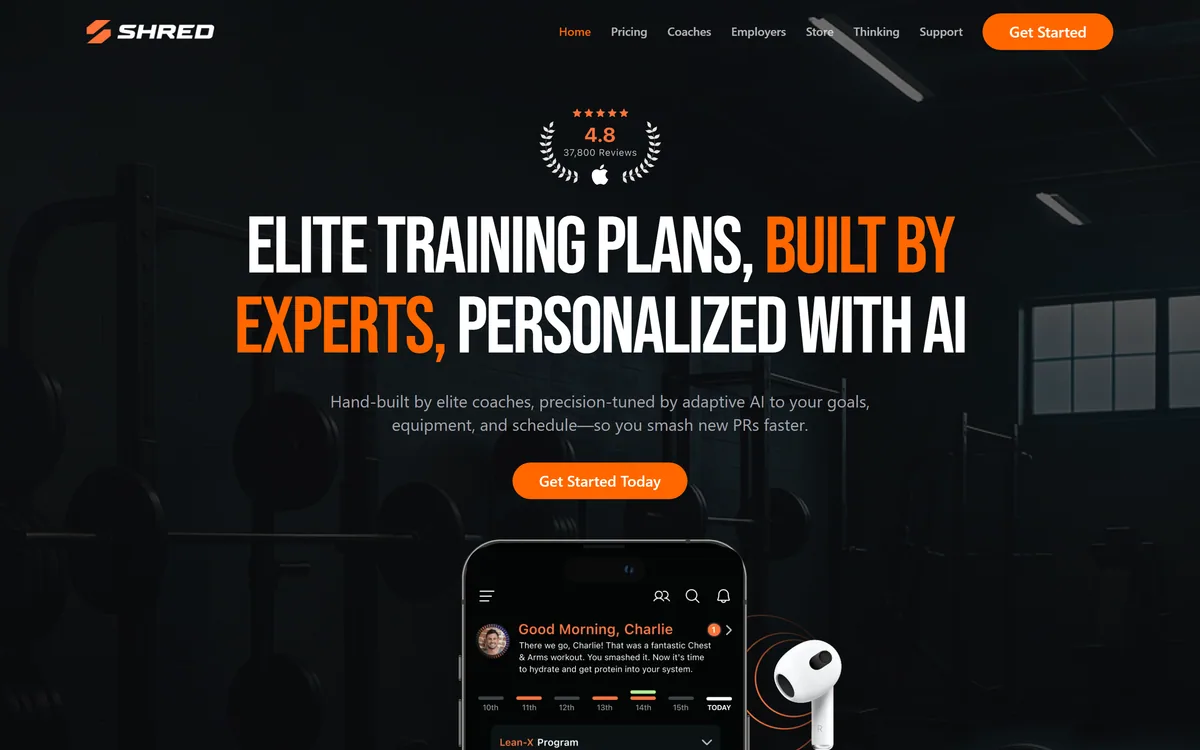 SHRED's homepage showing an AI-powered fitness app with personalised training programmes