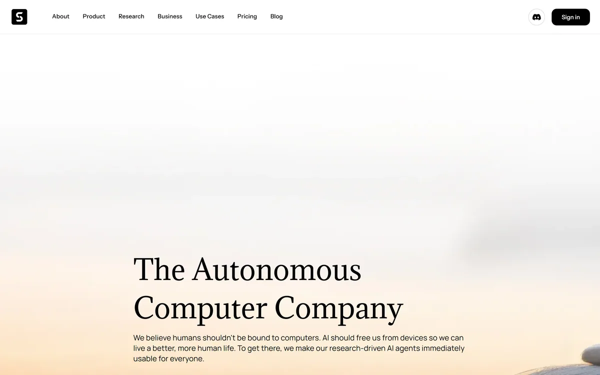 Simular homepage showing Sai, the AI agent that operates a virtual desktop