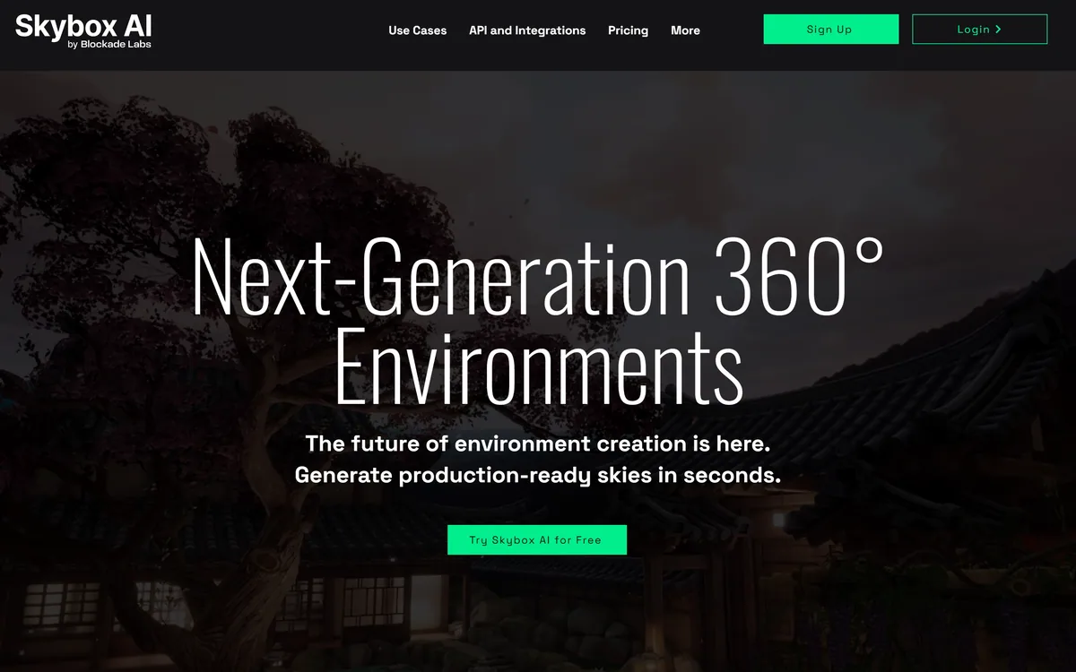 Skybox AI homepage showing 360-degree environment generation