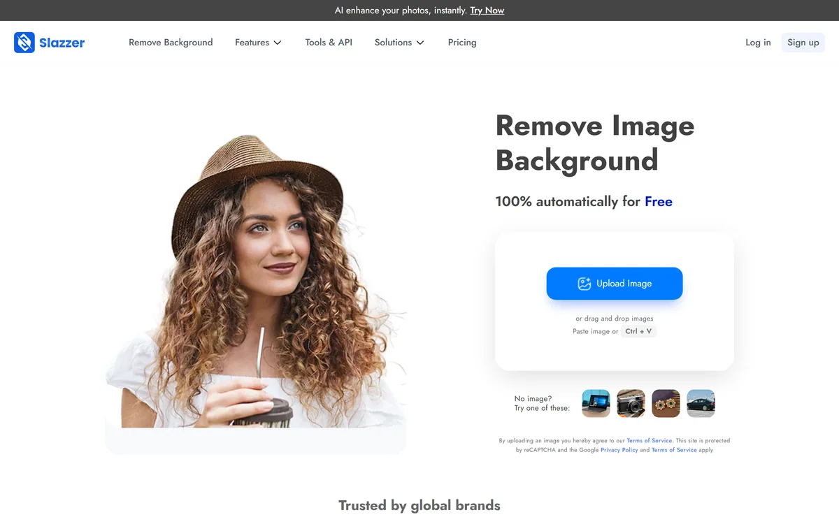 The Slazzer homepage offering free automatic image background removal