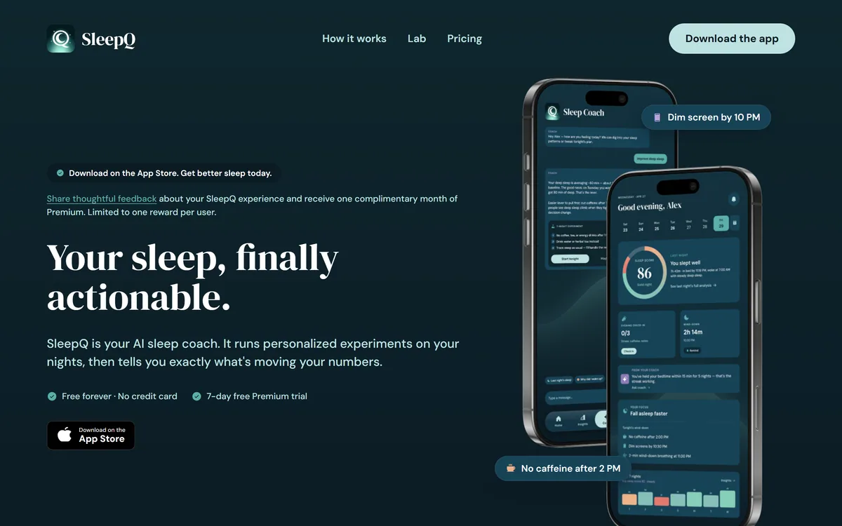SleepQ homepage showing the AI sleep coach and its experiment-based approach