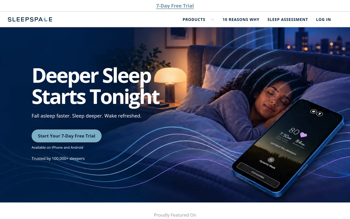 The SleepSpace homepage promising deeper sleep with a tracker, smart alarm and coach