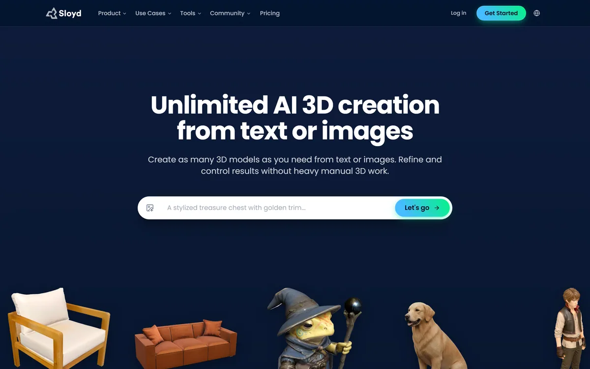 The Sloyd homepage describing a 3D AI model generator