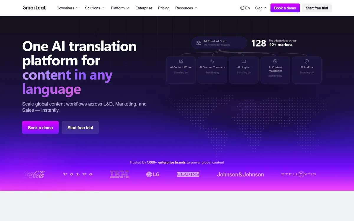 Smartcat's homepage presenting itself as the AI platform for global content