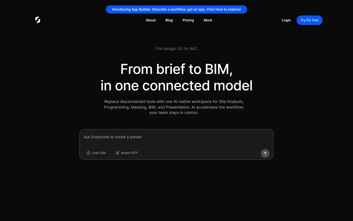 Snaptrude homepage showing its AI-powered BIM software for architects