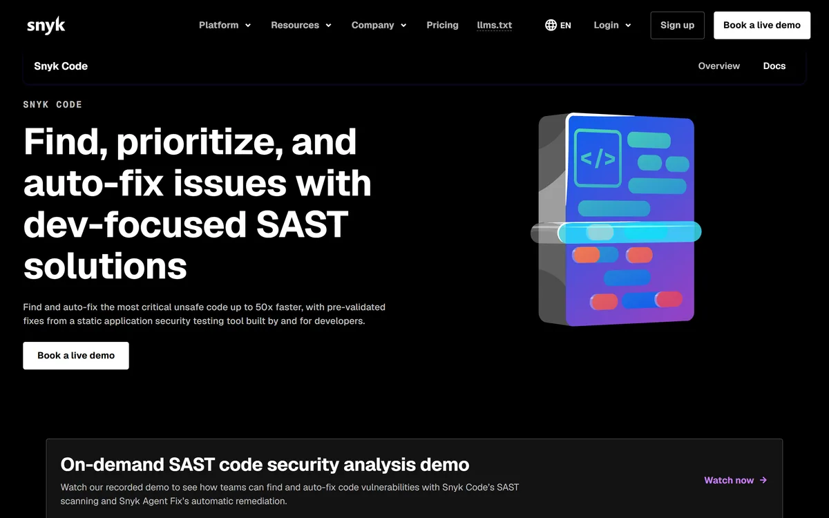 Snyk Code product page describing static application security testing with pre-validated automated fixes